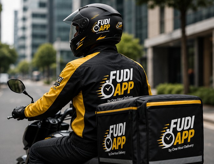 Repartidor de FUDI APP con el uniforme y la gorra de la marca